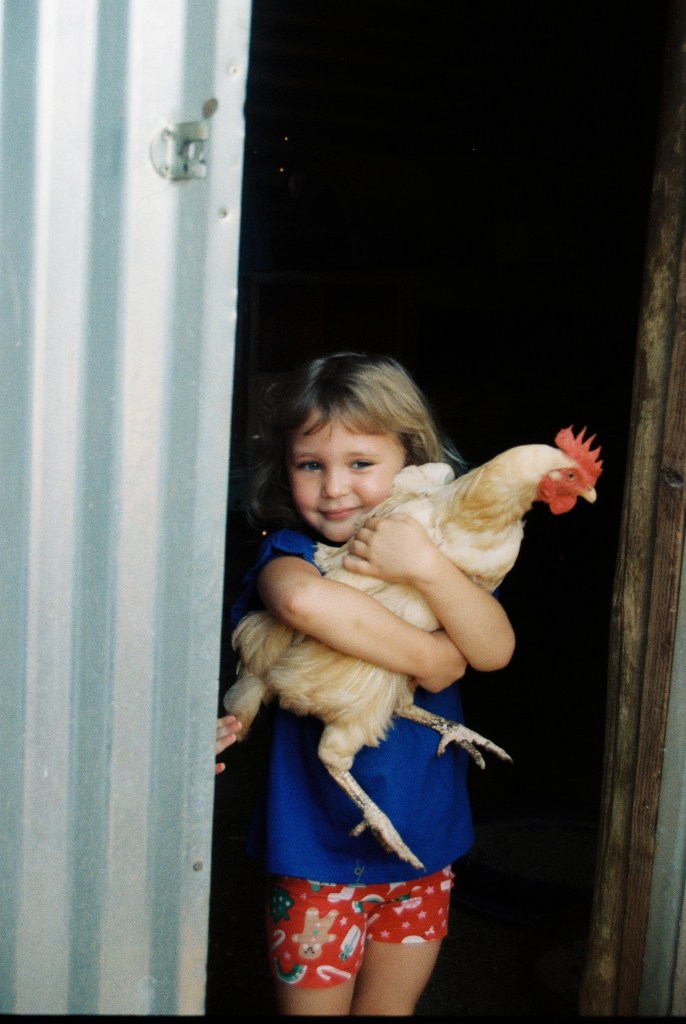 girl with chicken at family photoshoot